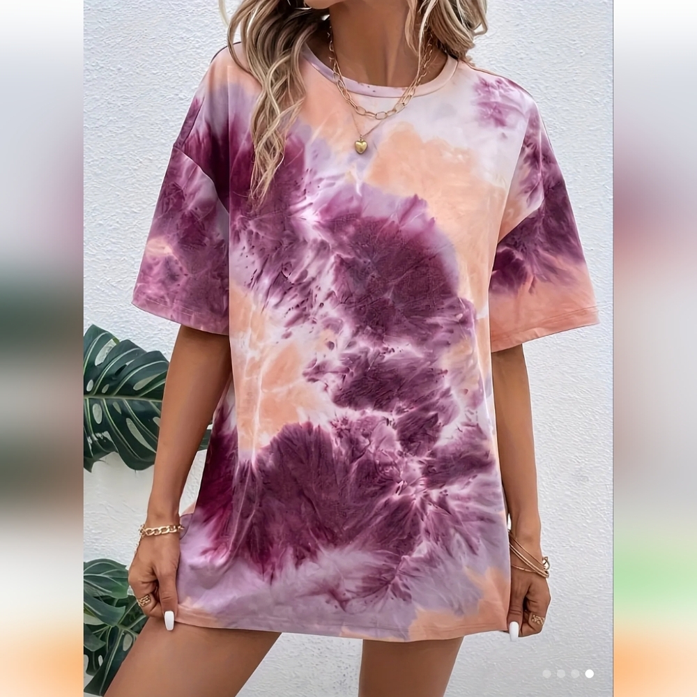 Women's Tie-Dye Top in Purple and Pink Hues, 2x Relaxed Fit - Picture 2 of 13